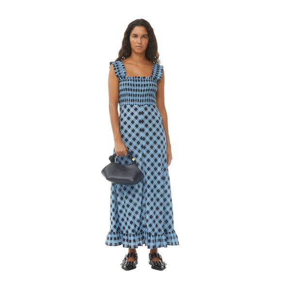 Ganni Checkered Cotton Silk Long Strap Dress Alaskan Blue - US 2 - Picture 1 of 6